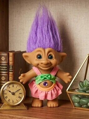 Vintage 90s Ace Novelty Treasure Troll Doll Purple Hair Purple Gem Wish Stone